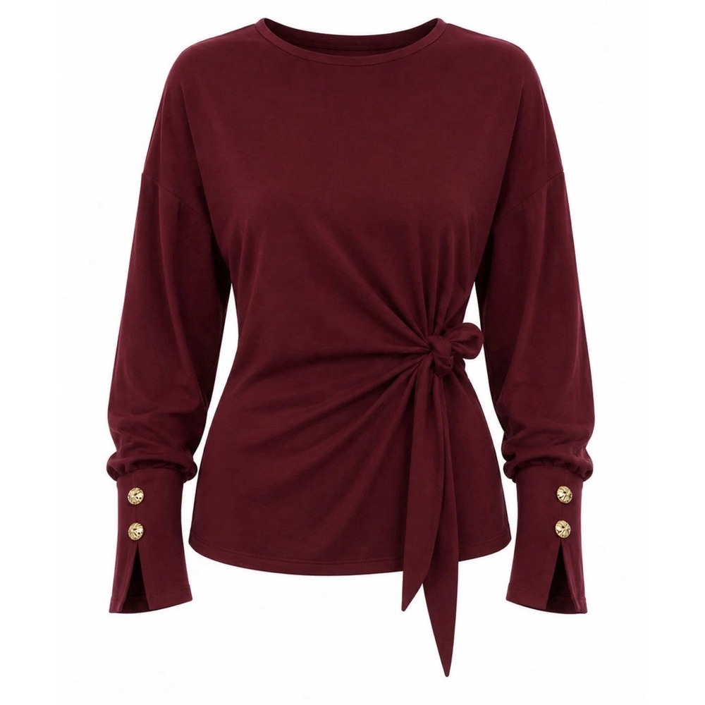 COMMENSE Burgundy Bell Sleeve Cinched Sweatshirt Cozychic Tie Waist Button XL